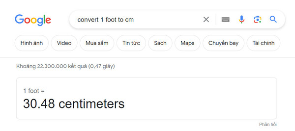 đổi feet ra cm bằng google